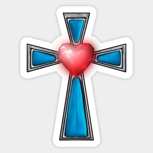 Cross Blue Stones Ruby Red Heart Sticker